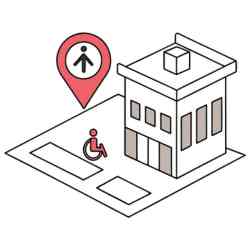 A person in a wheelchair in front of a building, with a map pointer highlighting a location for navigation assistance.