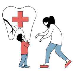 A woman and a child stand beside a tooth marked with a red cross, symbolizing dental health awareness.